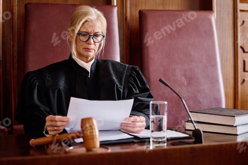 Preview: Serious blond female judge in black mantle looking through paper document