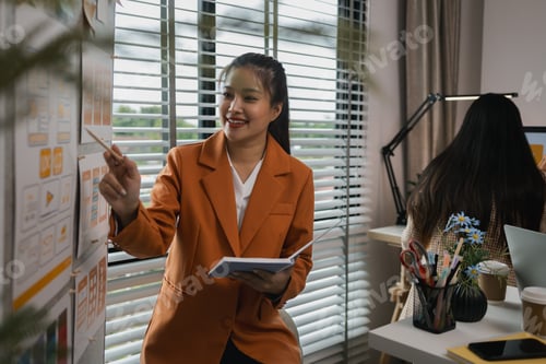 Preview: Smiling Woman Presents Web Design Concepts in Workplace