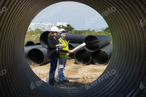 Preview: Two construction professionals review blueprints while standing among large drainage pipes