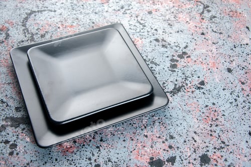 Preview: front view dark square plates on light background service dinner food tray table restaurant cutlery