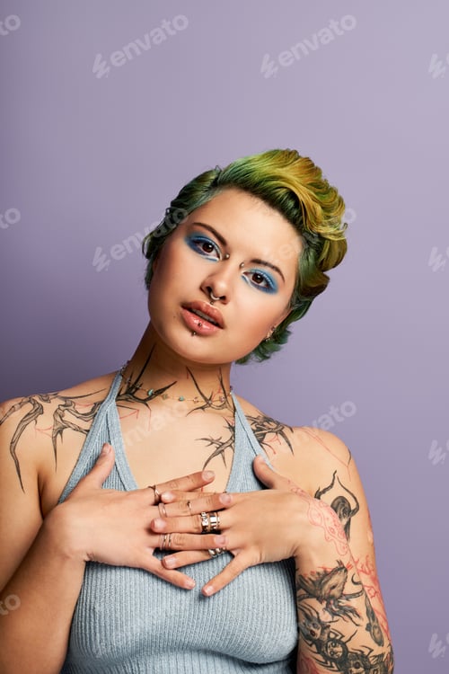 Preview: Young vibrant woman showcasing unique fashion and bold style in a modern setting