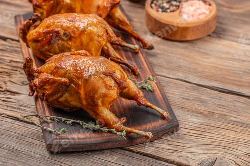 Preview: Baked quail on a wooden board, top view. copy space