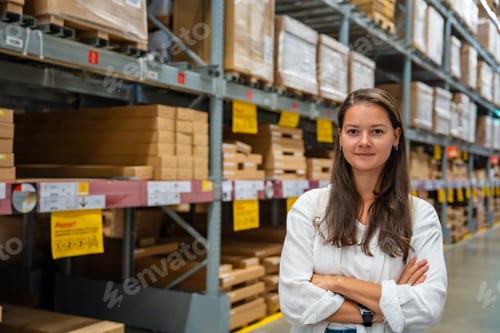 Preview: Portrait of woman customer or store worker with shelves in storage as background