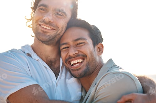 Preview: Love, hug and gay couple, men with sky and smile on summer vacation together in Thailand. Sunset, o