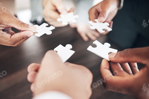 Preview: Business people, hands or puzzle for solution or problem solving with planning, teamwork or collabo