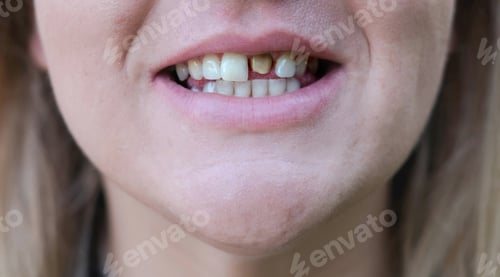 Preview: Woman's smile with a bad tooth. Teeth before treatment. Close-up.