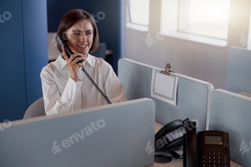 Preview: Busy european woman worker talk phone with client sit on her workplace in office