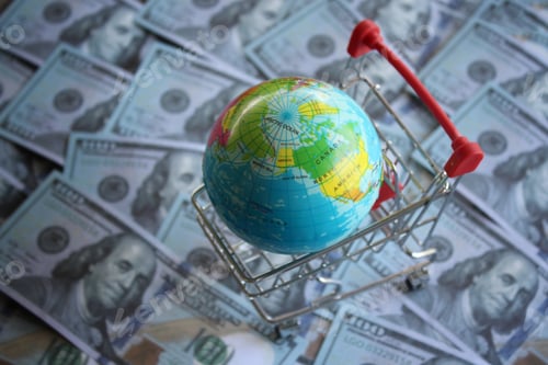 Preview: Earth globe inside shopping trolley on top of money.