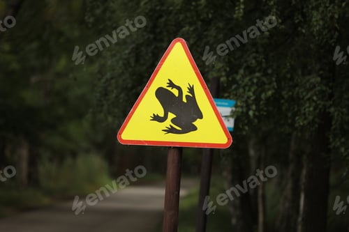 Preview: Information sign in Germany Attention toads cross the street. selective focus,