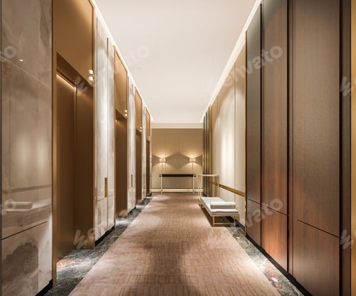 Preview: modern steel elevator lift lobby in business hotel with luxury design near corridor