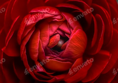 Preview: Red ranunculus flower closeup, petal texture, natural background.