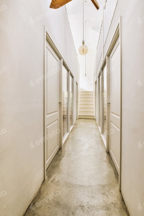Preview: Narrow corridor with doors and lamp