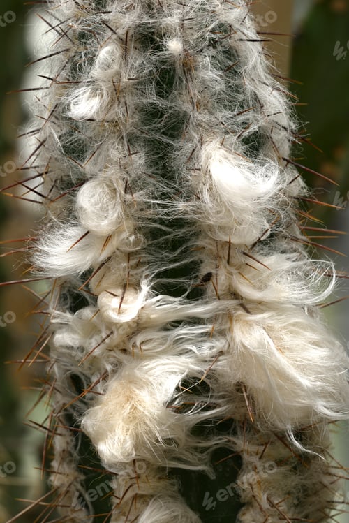 Preview: Detail of old man cactus beard growing around thorns