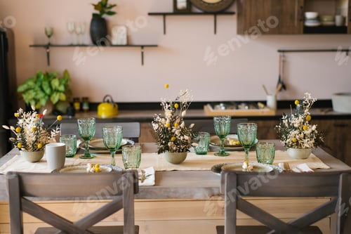 Preview: Beautiful Festive Dining Table in Rustic Style. Dried Flowers in Ceramic Vase on Table