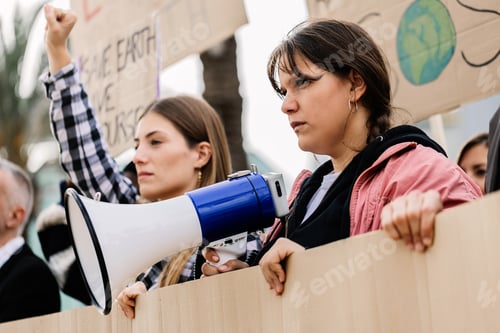 Preview: Group of people with placards and poster on global strike for climate change
