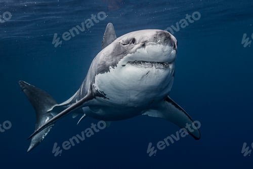 Preview: A majestic great white shark swimming in the deep blue sea