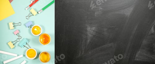 Preview: Goods For Creativity And School Lie On A Bright Background Near School Black Board