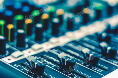 Preview: Closeup some part of audio mixer, vintage film style, music equipment concept