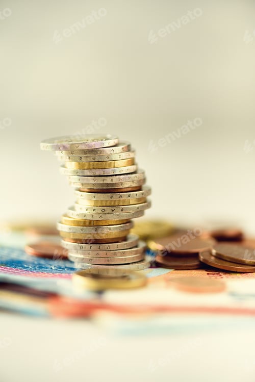 Preview: Euro money, currency. Success, wealth and poverty, poorness concept. Euro coins stack on grey