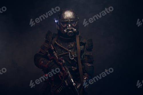 Preview: Cyborg with weapon in mist and smoke