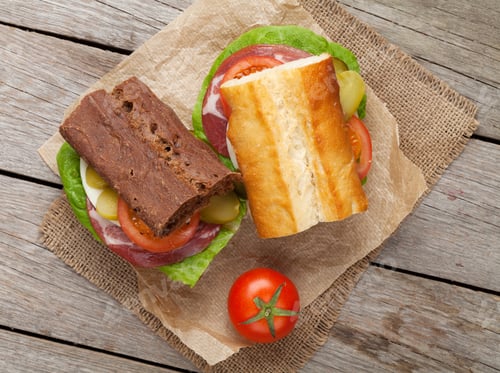Preview: Two sandwiches with salad, ham, cheese and tomatoes