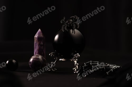 Preview: Divination ball, candles, skeleton and spider- a fall witch's Halloween scene.