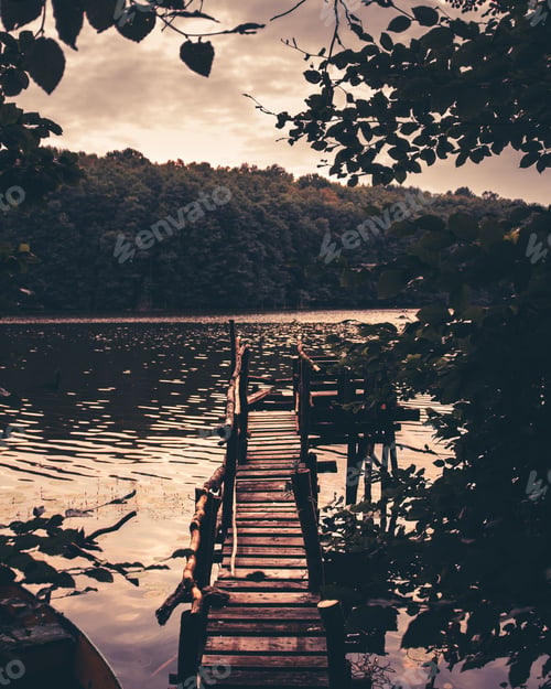 Preview: Wooden dock and tranquil lake surrounded by lush vegetation.