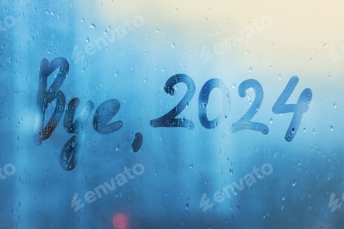 Preview: Lettering bye and numbers 2024 paint on splashed by rain foggy glass blue window