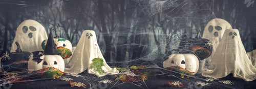 Preview: Happy halloween holiday. Halloween decorations, black and white pumpkins mask coronavirus,bats