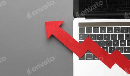 Preview: laptop and pen with business charts, graphs, information and reports background