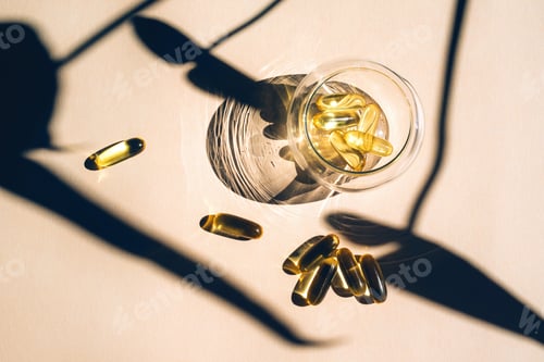 Preview: Capsules fish oil omega-3 in glass cup with a shadow of monstera leaves in the sunlight on the beige