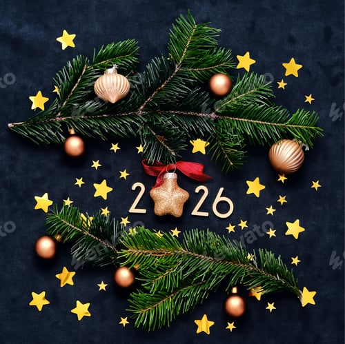Visualização: Plano de
fundo da Praça de Ano Novo 2026. Número do próximo ano na decoração de Natal.