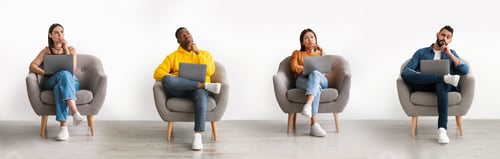 Preview: Lack Of Ideas. Pensive Men And Women Sitting With Laptops In Chair