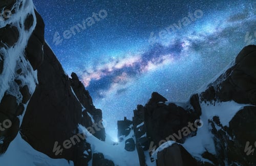 Preview: Milky Way and snowy mountains at night. Space
