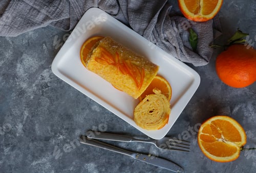 Preview: orange rolled cake portuguese. Brazo de naranja, Tarta portuguesa, flan, egg sweet cake, copy space