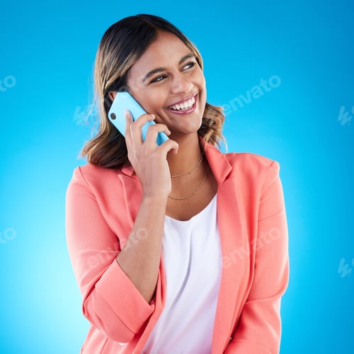 Preview: Phone call, conversation and smile of business woman talking, chatting or communication in studio i