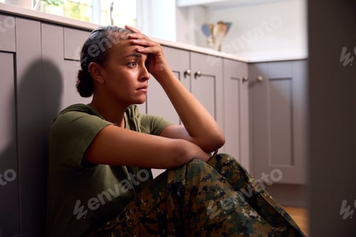 Preview: Depressed Female Soldier In Uniform Suffering With PTSD Sitting On Kitchen Floor On Home Leave