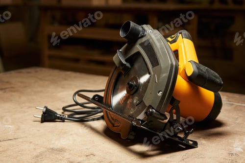 Preview: beautiful yellow gray circular saw with electric cable stands on a wooden workbench