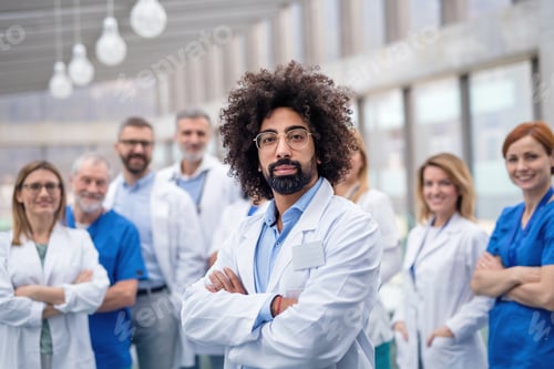 Preview: Group of doctors standing in corridor on medical conference