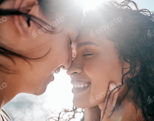 Preview: Face, love and nature with a couple together at the beach, sharing an intimate moment outdoor close