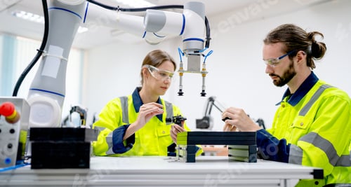 Preview: Two Caucasian professional technician or engineer workers sit in workplace and help to check