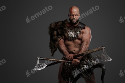 Preview: Viking man in a beard and bald head against a gray background