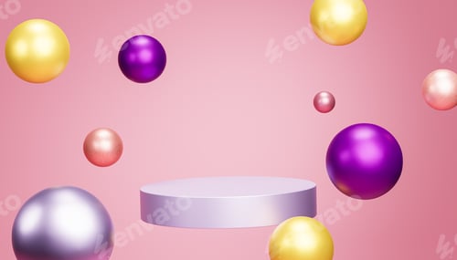 Preview: Podium or pedestal for products or advertising with spheres on pastel pink background