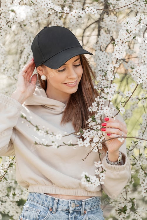 Preview: Stylish beautiful fresh woman in fashion clothes walking on a spring day