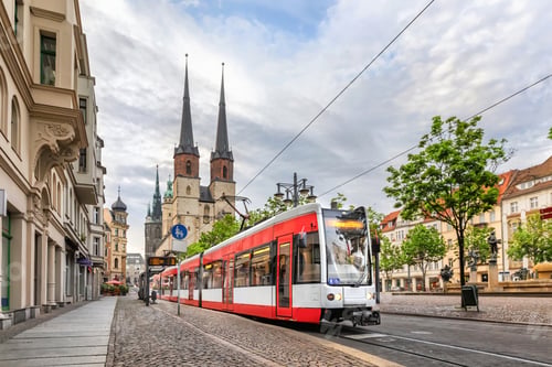 Preview: Red tram on Hallmarkt square in Halle (Saale), Germany