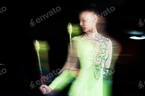 Preview: Gymnastics, blur and woman with clubs for dance, rhythmic body movement and training. Black backgro