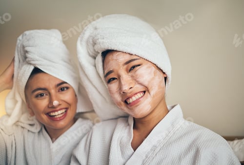 Preview: Spa, portrait and women friends with skincare smile for wellness, relax and self care sleepover. Ha