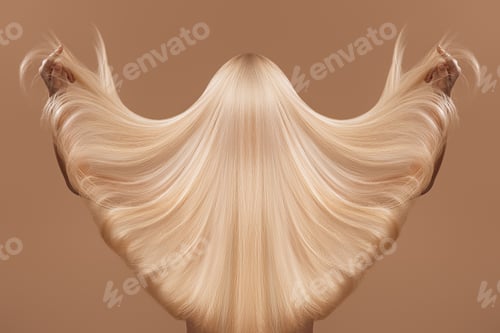 Preview: back view of woman with long blond hair, isolated on brown, haircare concept