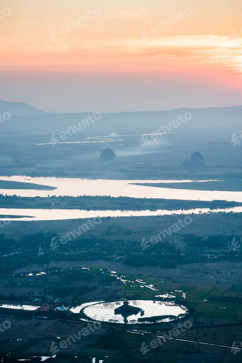 Preview: Kyauk Kalap in the centre of the lake at sunset, seen from Mount Zwegabin, Hpa An, Kayin State (Kare