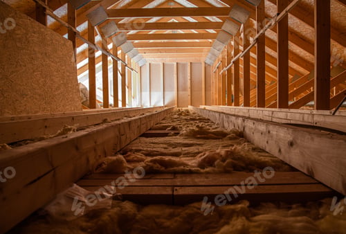 Preview: Interior of an Attic With Wooden Beams and Insulation Material on the Floor